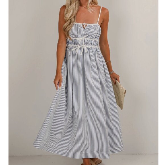 NWT All in Favor Blue Stripe Flowy String Maxi Dress - Picture 1 of 5